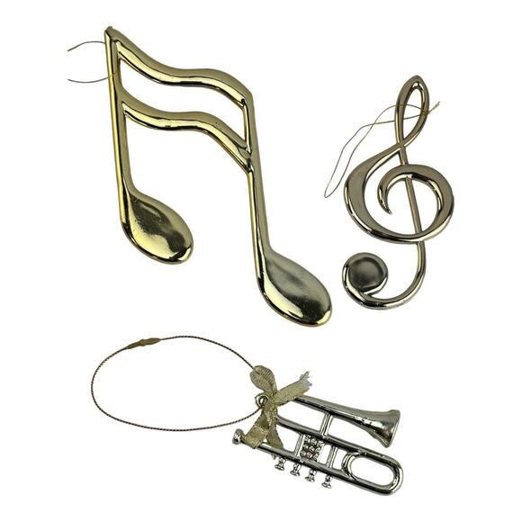 Gold Musical Theme Christmas Tree Ornaments Set Of 3 Notes Treble Clef Trumpet - Picture 9 of 9